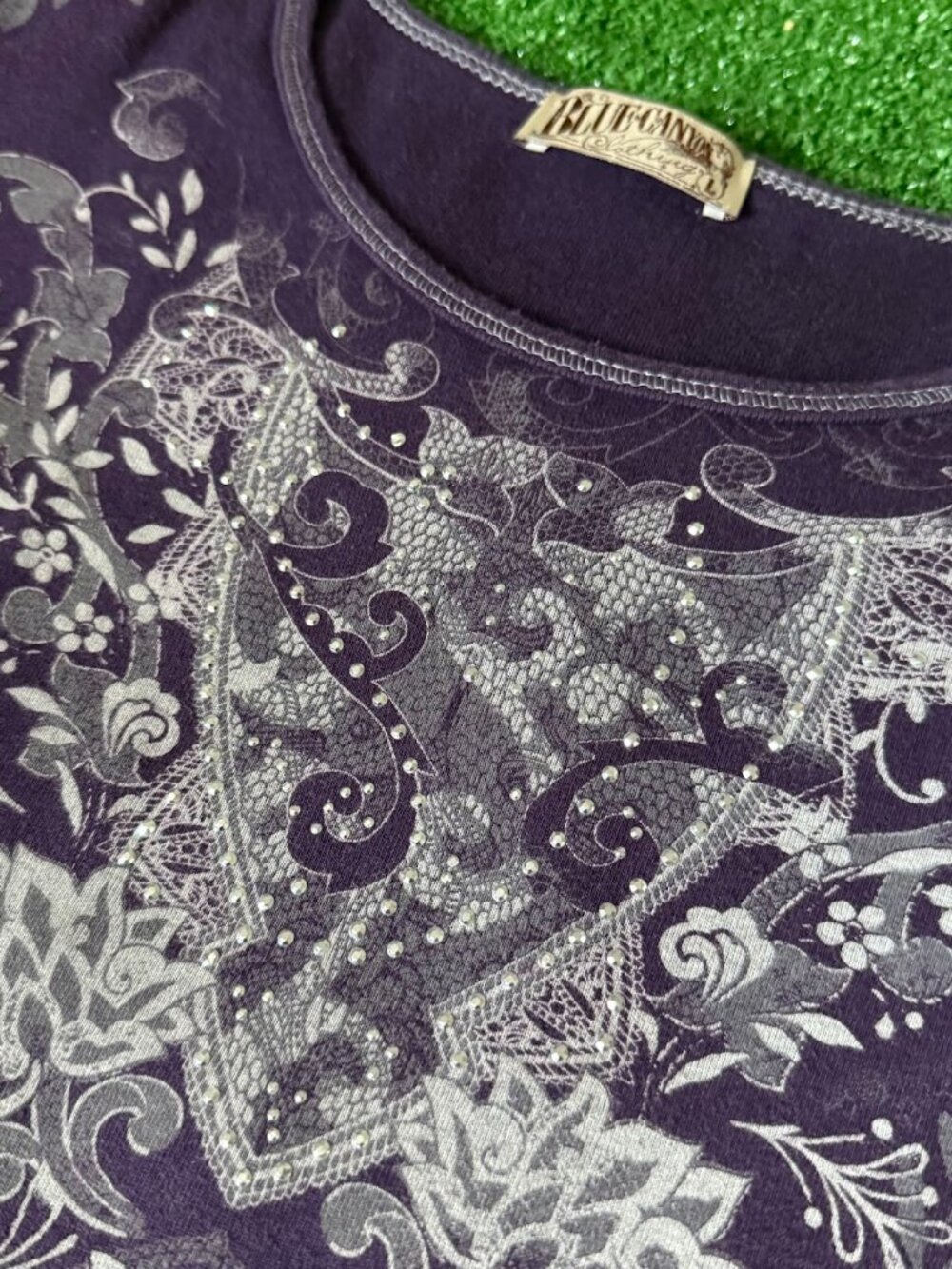 Vintage Blue Canyon Rhinestone Embellished Boho Long Sleeve T-Shirt Size L - Picture 6 of 14